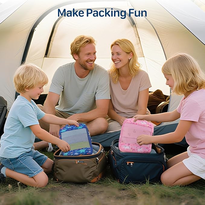 Kids Compression Packing Cubes, 4 Piece Set for Carry On Suitcase, Water Resistant Travel Luggage Organizers with Shoe Bag, T