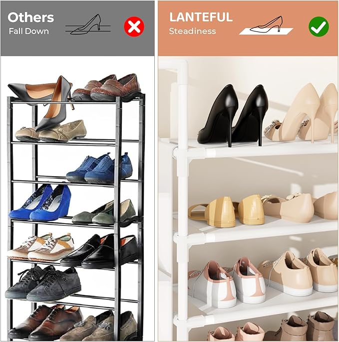 LANTEFUL 6 Tier Shoe Rack Storage for 24-30 Pairs Shoe and Boot, Shoe Organizer with Hook and Side Pocket Free Standing Long 