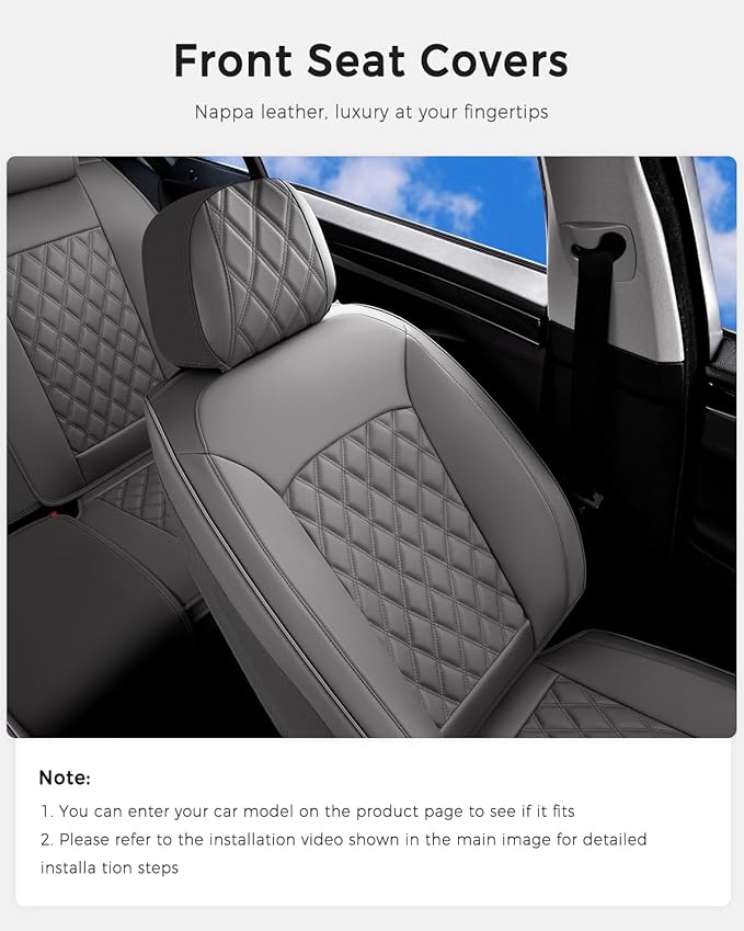 Huidasource Gray Front Seat Covers, Car Seat Covers Front Seats Nappa Leather, Side Elastic Fabric, Compatible with Airbags, 