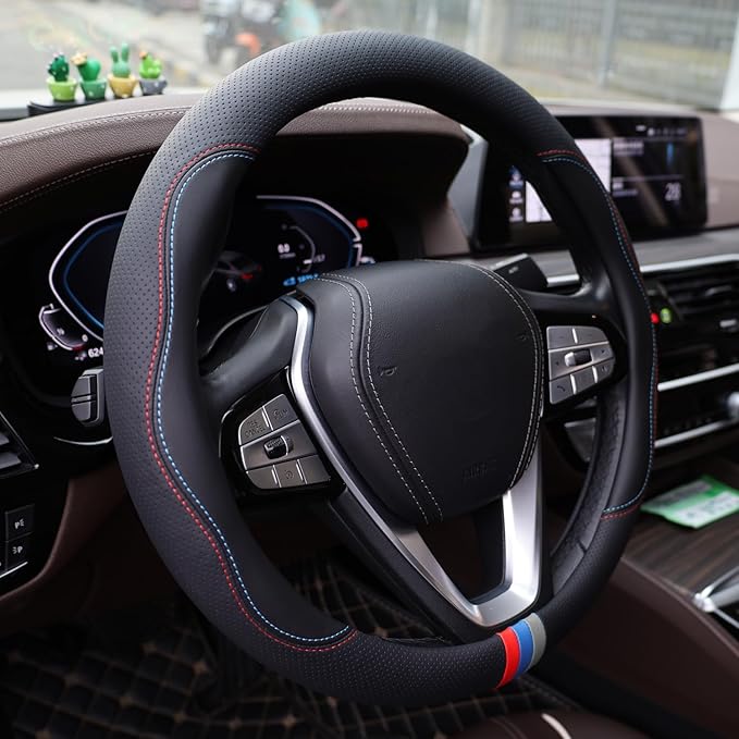 Car Steering Wheel Cover for BMW X3 X5 X7 3 5 Series 328i 528i 535i 530i 540i 320i 330i 325i X1 X2 X4 X6 1 2 4 6 7 8 Series e90 e60 f30 Accessories, 2026 Leather Black (Red Blue)