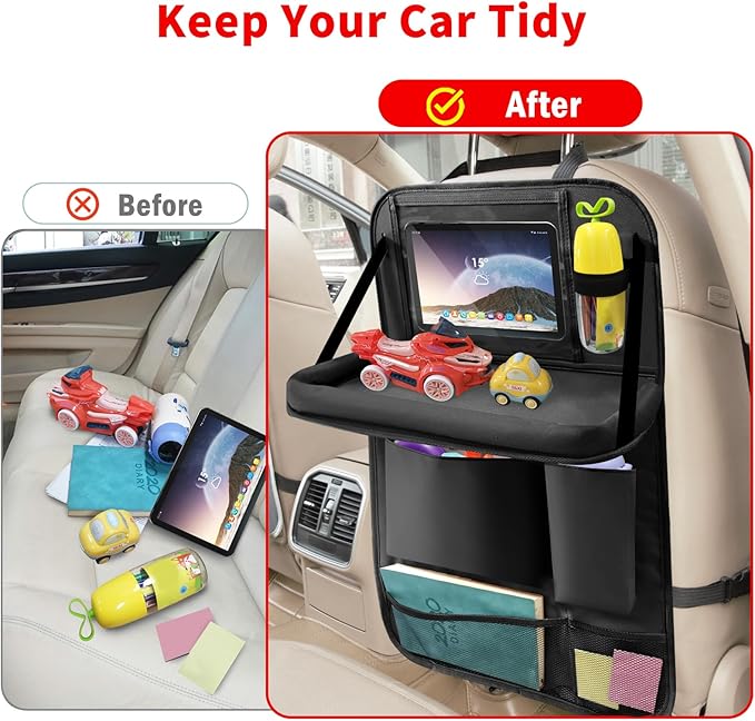Car Backseat Organizer with Tablet Holder, 6 Storage Pockets Foldable Table Tray Seat Back Protectors Kick Mats Travel Accessories, 2 Pack Black