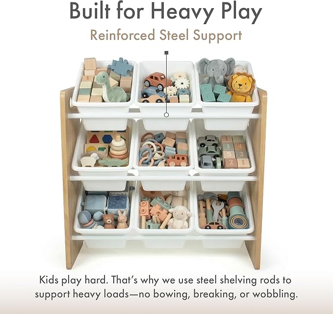 Humble Crew 9-Bin Toy Organizer – Journey Natural Wood with White Plastic Bins, 3-Tier Storage Solution for Kids' Playrooms a