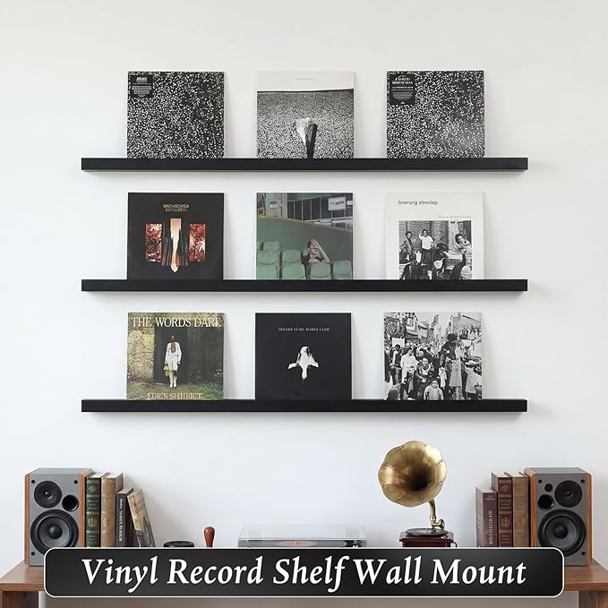 Pinkunn 3 Pcs 40 Inches Vinyl Wall Mount Record Display Shelf, Extra Long Wood Vinyl Record Holder, Album Display Holder Floa