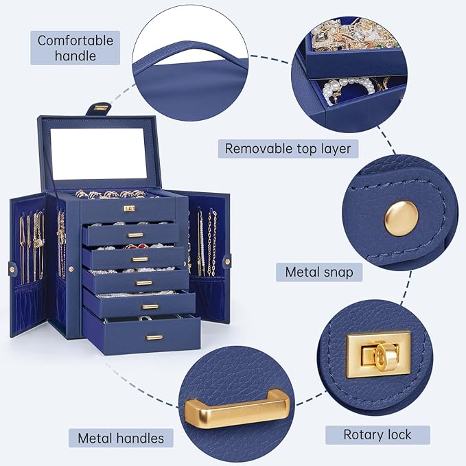 AKOZLIN 6-Tier Jewelry Box Organizer Functional 5 Drawers Leather Jewelry Storage Case for Women Girls Ring Necklace Earring 