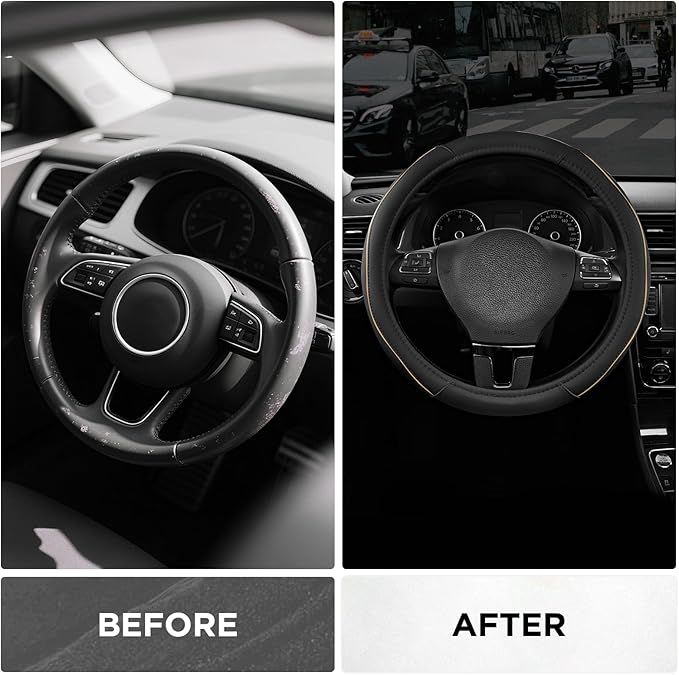 Road Comforts Leather Steering Wheel Cover with Decorative Trim and Piping, Anti-Slip Breathable Design, Fits 14.5–15 Inch Ro