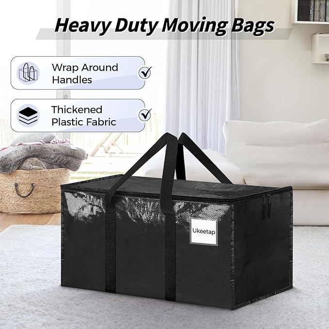 8 Pack Extra Large Heavy Duty Moving Bags, Black Storage Bins with Lids, Reinforced Handles & Heavy-Duty Zippers Moving Boxes