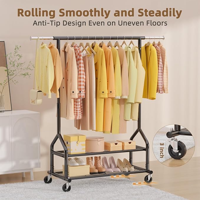 EAGMAK Heavy Duty Clothes Rack Load 556 LBS, Rolling Clothing Rack With Shelves, Height Adjustable Metal Clothes Hanger with 