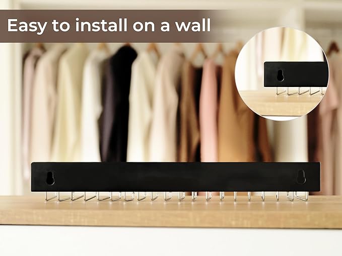 StorageWorks Tie Rack with 20 Hooks, 2-Pack Wall-Mounted Wooden Hangers for Neckties, Belts, Hats, Black