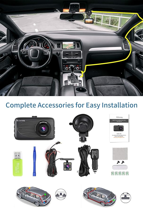 Milerong Dash Cam Front and Rear with Night Vision, Mini 1080P FHD Dash Camera for Cars, G-Sensor, Loop Recording, Parking Mo