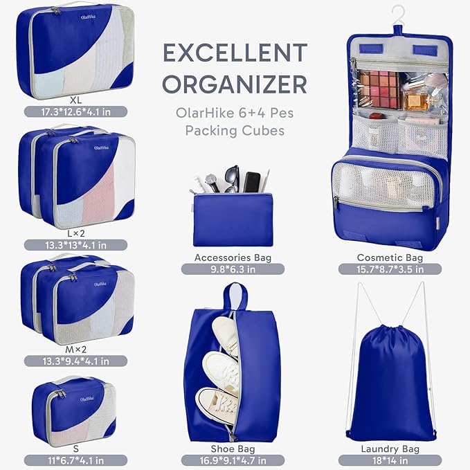 ALL INCLUDED 10 Set Durable Packing Cubes for Suitcases,OlarHike Essentials for Travel, UPGRADED Anti-Tear Stitching, NEW Imp