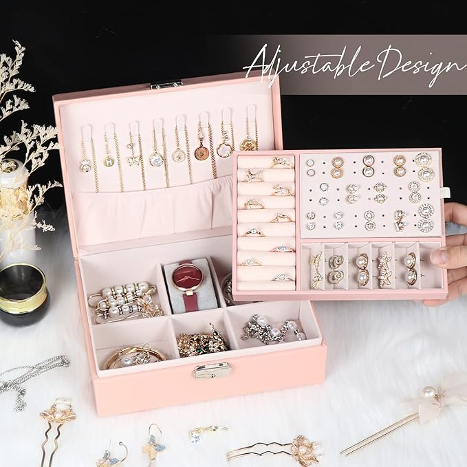 Jewelry Box for Women Girls, 2 Layers Jewelry Organizer Container with Lock, PU Leather Storage Case with Removable Tray, Jew