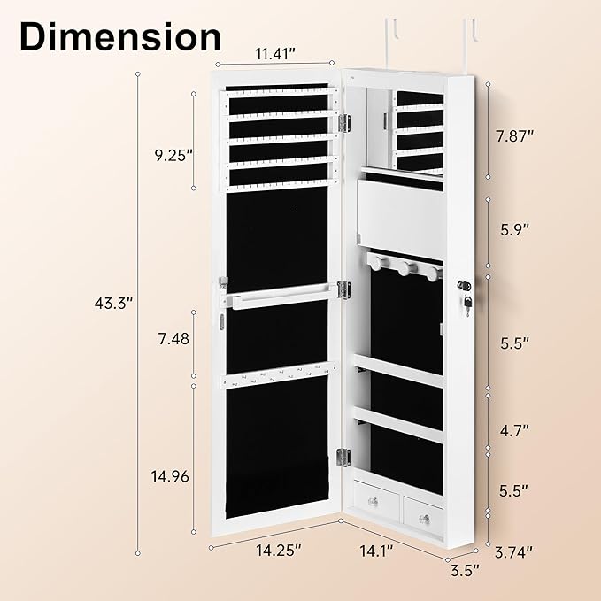 Mirror Jewelry Cabinet, Wall/Door Mounted Jewelry Armoire with Full-Length Mirror, Hanging Jewelry Organizer with LED Interio