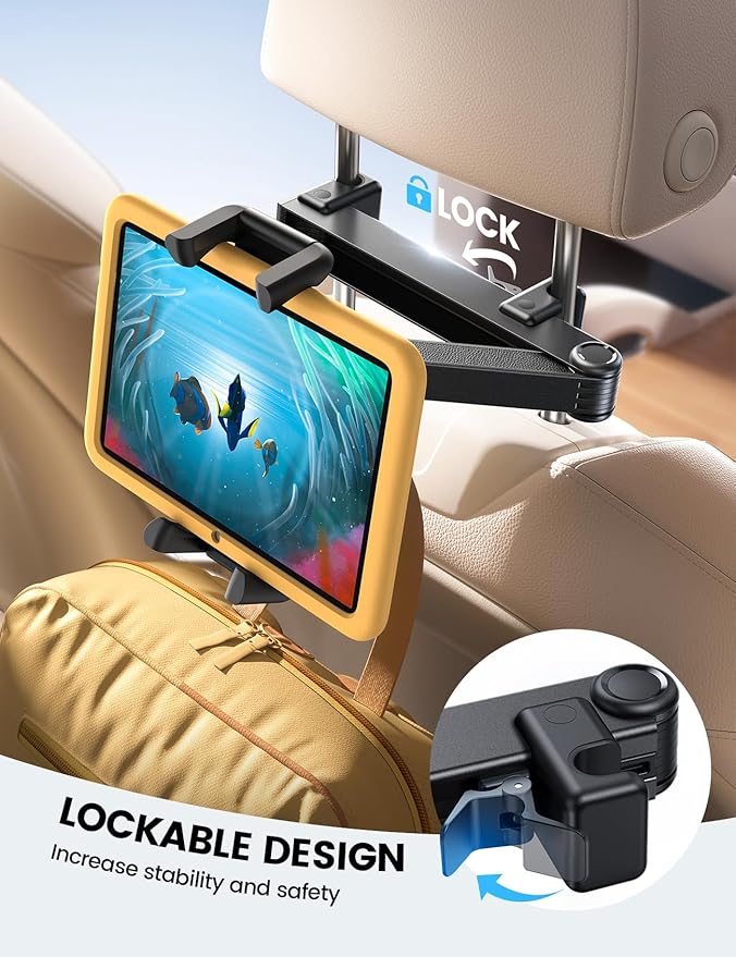 Lamicall Car Headrest Tablet Holder - [Lockable] [Thick Case Friendly] [Foldable Clip] Car Backseat Tablet Mount, Gifts Car Accessories for Kids, for iPad Pro, Air, Mini, Fire HD, 4.7-13" Tablets