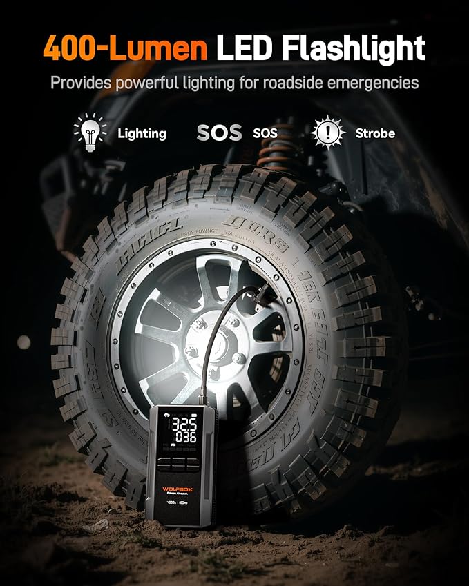 WOLFBOX 4000A Jump Starter with 160PSI Air Compressor, 12V Car Battery Booster, 65W Fast Charge, 88.8Wh Portable Tire