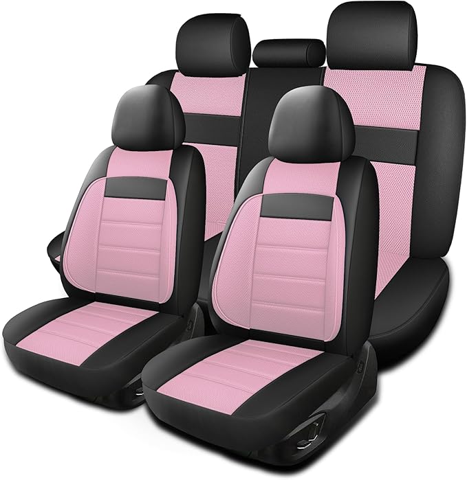 Leather 3D Foam Back Support Pink Car Seat Covers Full Set, Air Mesh Automotive Seat Covers, All Season Car Seat Cover Fit Au