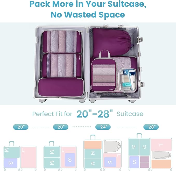 Cambond Compression Packing Cubes - 7 Piece See Through Mesh Packing Cubes for Travel with Underwear Laundry Makeup Bag, Expa