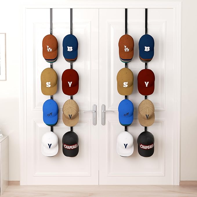 HapiRm Over Door Hat Rack - 4 Packs Metal Hanging Hat Organizer with 16 Hooks Design, Baseball Cap Hanger Organizer Storage H
