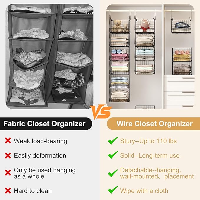 6 Tier Closet Hanging Organizer, Clothes Hanging Shelves with 4 Hanging Hooks 5 S Hooks, Wire Storage Basket Bins, for Clothi