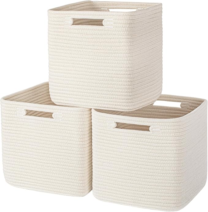 AELS Hand Woven Cotton Basket for Storage, Cube Storage Bins with Handles, Foldable Collapsible Closet Organizers and Storage