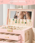 AKOZLIN Large 4-Tier Jewelry Box Leather Jewelry Storage Organizer with 3 Drawers Lockable for Women Girls Ring Necklace Earr