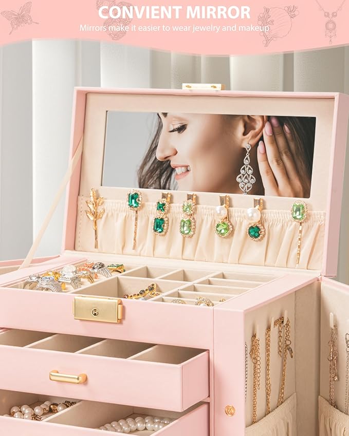 AKOZLIN Large 4-Tier Jewelry Box Leather Jewelry Storage Organizer with 3 Drawers Lockable for Women Girls Ring Necklace Earr