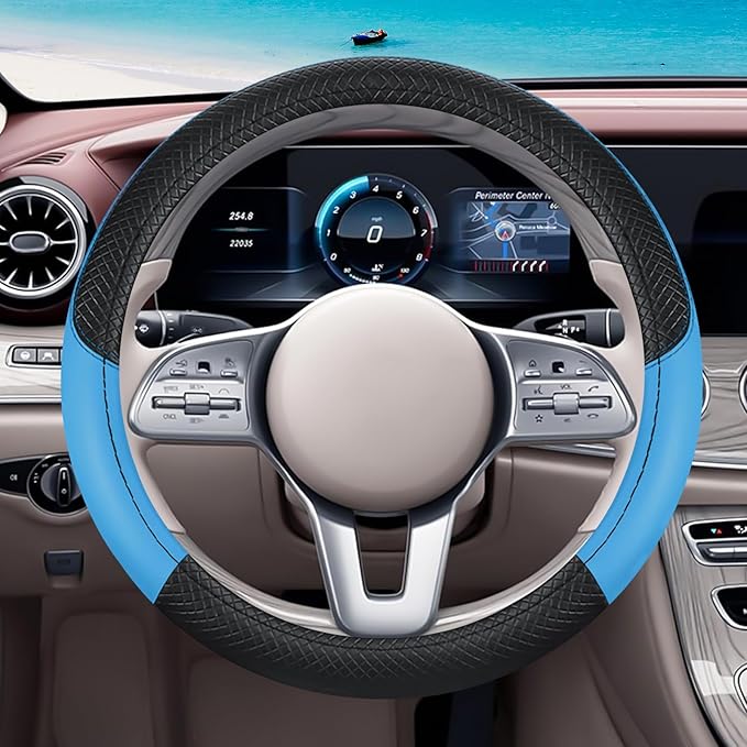 Black & Blue Car Steering Wheel Cover, Microfiber, Leather Patchwork, Universal 14.5-15 Inch Leather Anti-Slip Breathable Aut