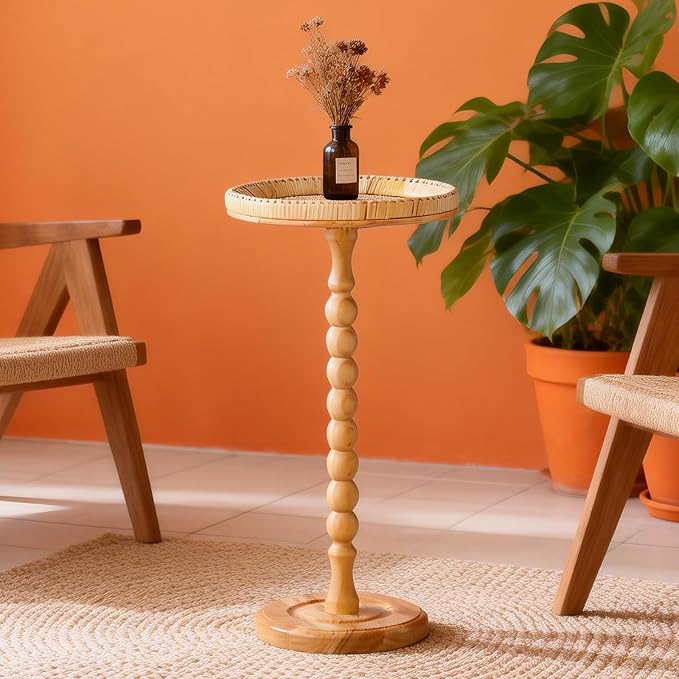 Solid Wood Wall Shelf 3-Tier,Small Side Table,Rustic Floating Shelves Wall Mounted Storage Rack,Rattan Drink Table, Round Sid