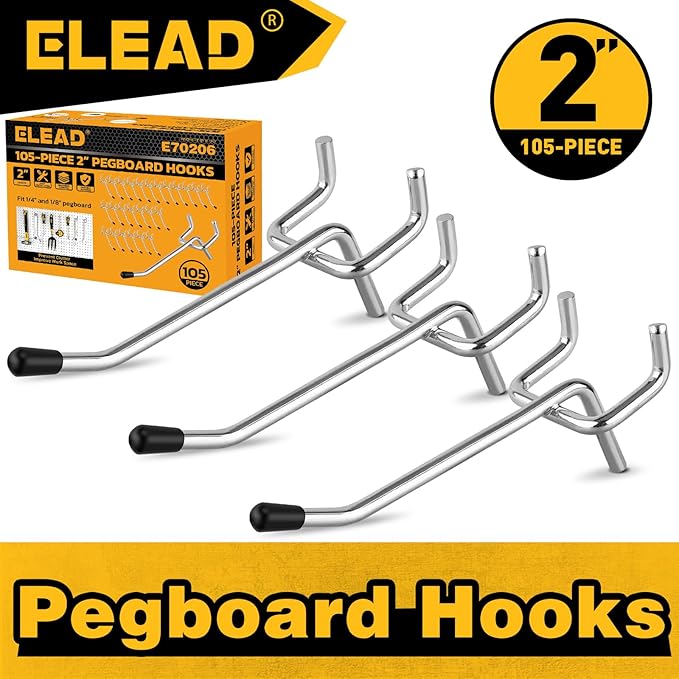 ELEAD 105-Piece 2 Inch Pegboard Hooks, Heavy Duty Peg Board Organizer Accessories, Peg Board Tool Hangers Fit for 1/4" and 1/
