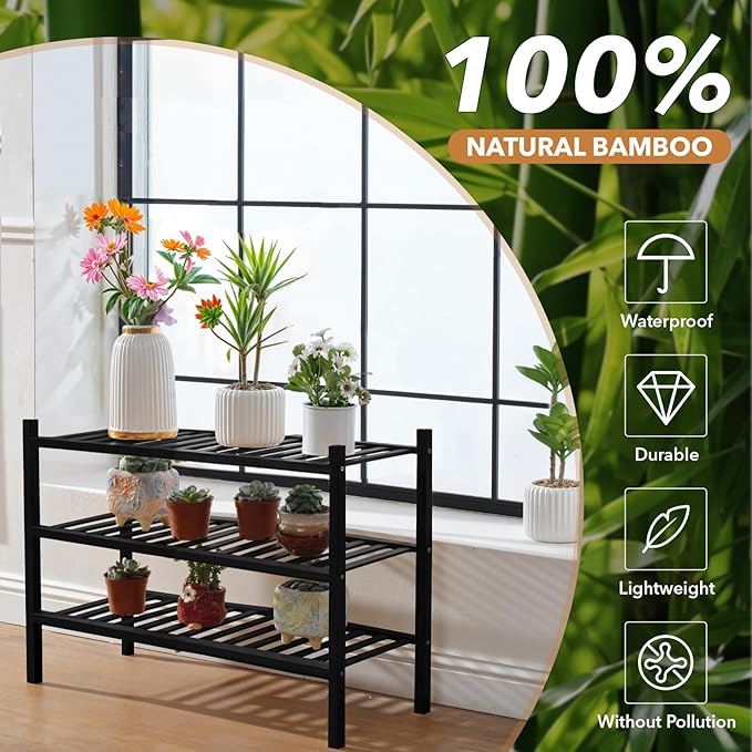3 Tier Bamboo Shoe Rack Storage Organizer for Closet, Multifunctional Stackable Free Standing Shoe Shelf Organizer for Small 