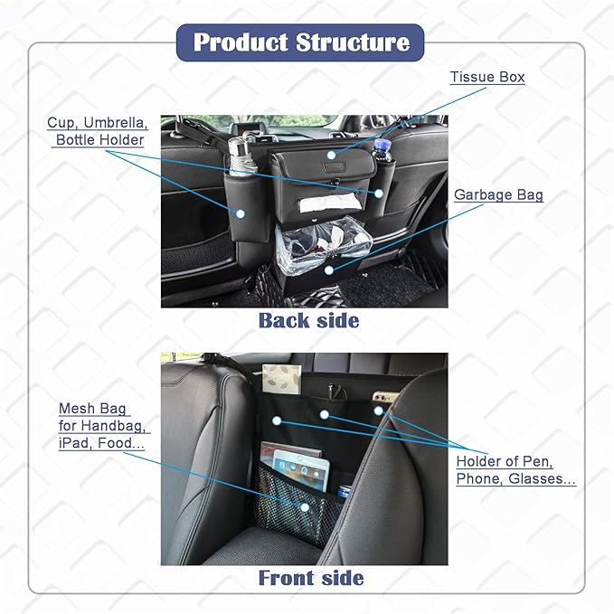 Car Accessories, Trash Bag Garbage Can, Recycle Bin for Rubbish Waster Litter, Organizer Storage Container Between Front Seats, Holder of Handbag Purse Umbrella Tissue, Pet Barrier, Black