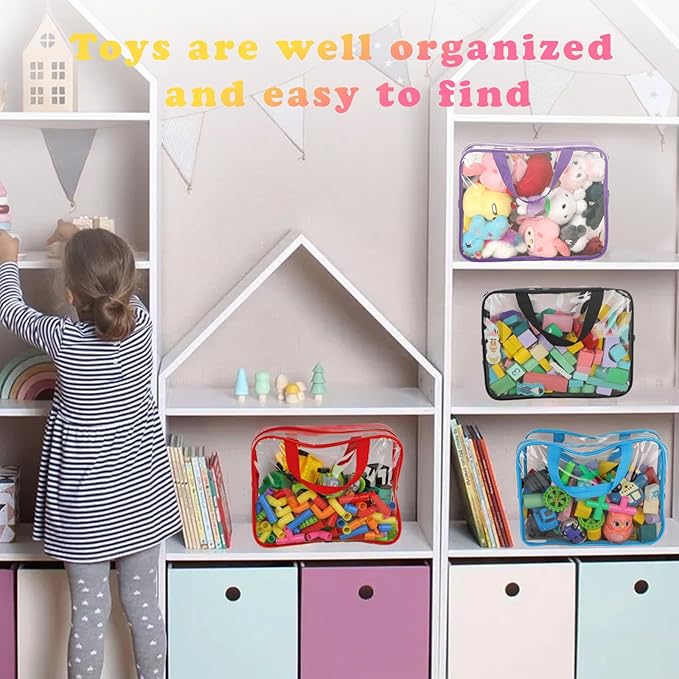 9 Packs Toy Storage Bags with Labels, 11.8x8.7x3.9In Large PVC Reusable Clear Board Game Storage with Zipper, Travel Waterpro
