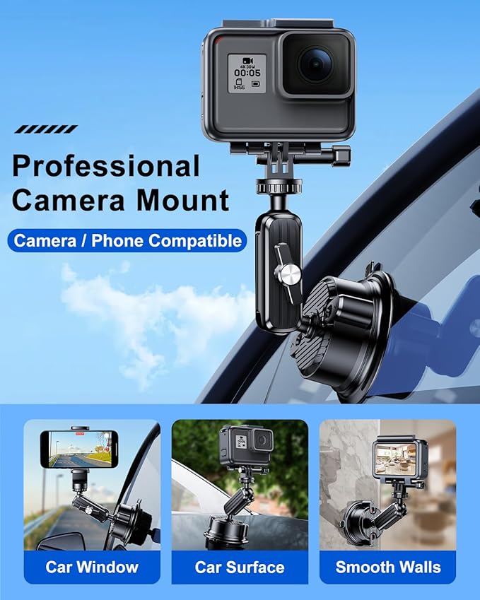 Suction Cup Mount for GoPro Camera Phone Holder, Rotatable Anti-Shake Suction Cup Camera Mount for Car, Windshield Suction Cup Mount for GoPro Hero 12/11/10/9 Insta360 X3 DJI Action