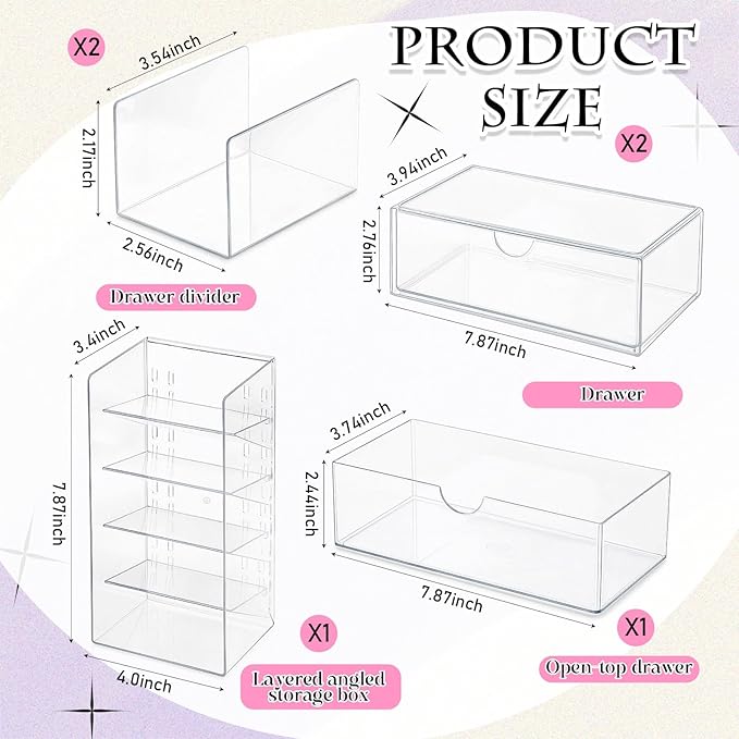 Kathfly 6 Pcs Medicine Cabinet Organizer Acrylic Stackable Clear Makeup Organizer with 2 Drawer 1 Storage Box 2 U Movable Par