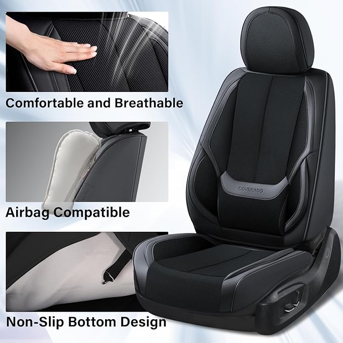 Coverado Front and Back Seat Covers 5 Pieces, Full Set Universal Seat Covers for Cars, Breathable Fabric&Leather Car Seat Pro