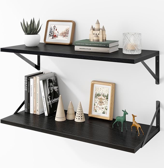 Deep Floating Shelves Wall Mounted, 30"x12" Black Wall Shelves with Brackets Set of 2 for Bedroom, Living Room, Bathroom, Kit