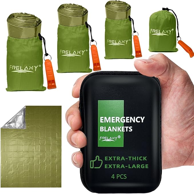 Frelaxy Emergency Blanket 2-Pack/4-Pack, Extra-Thick Extra-Large Space Blankets with Whistles, Storage Pouchs, and EVA case, 