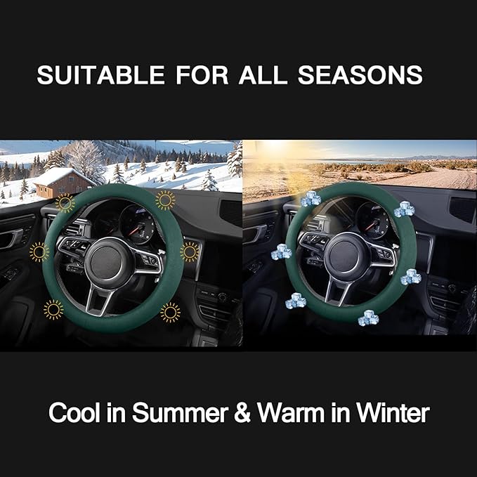 Suede Steering Wheel Cover with Upgraded Silicone Inner Ring, Breathable, Anti-Slip, Leather Universal 14.5 to 15 Inch Steeri