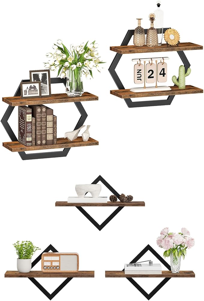Hexagon Floating Shelves and Floating Shelves Set of 3 Bundle, Wall Mounted Storage Shelves, for Living Room, Bedroom, Kitche