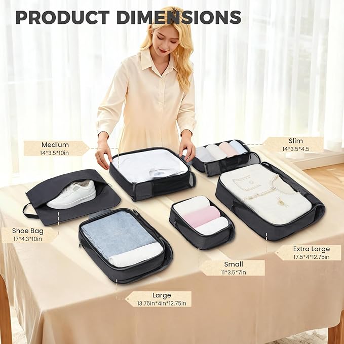 BAGAIL 6 Set Lightweight Compression Packing Cubes with Packing List, Anti-Tearing Expandable Organizer Bags for Travel, Dark
