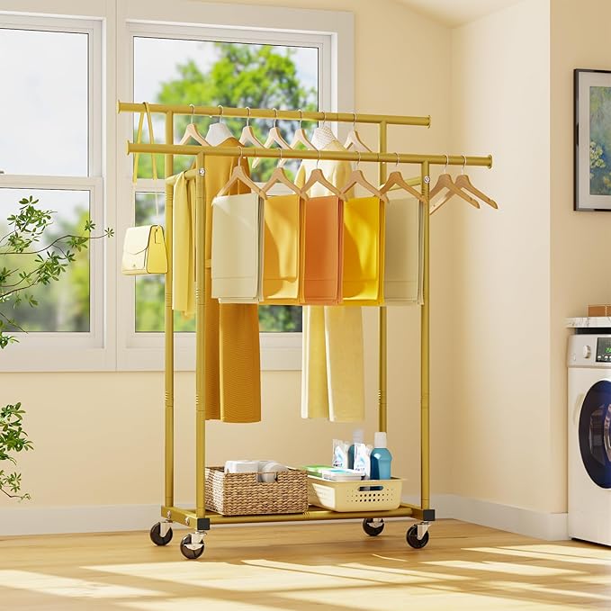 HYSEYY Double Rods Clothes Rack, Sturdy Rolling Clothing Rack, Portable Clothing Racks for Hanging Clothes - Metal Garment Ra