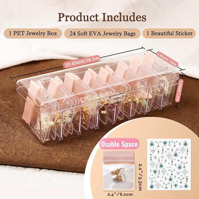 Jewelry Organizer and Storage Box with 24 EVA Anti Tarnish Bags, Travel Acrylic Case for Earrings, Necklaces & Rings, Elegant
