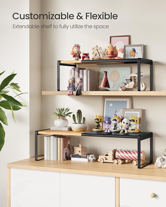 SONGMICS HOME Spice Racks, Expandable Cupboard Shelf Orgnizers, Kitchen Counter Shelves, Bamboo and Metal, Space-Saving Shelv