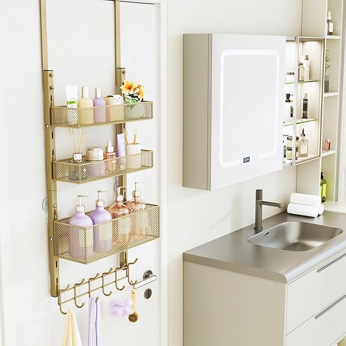 Consumest Over The Door Hooks Organizer - 4 Tier Door Coat Rack with 3 Baskets and 12 Hooks, Stainless Steel Towel Hanger for