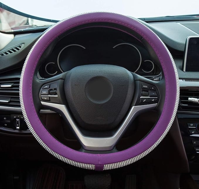 New Diamond Leather Steering Wheel Cover with Bling Bling Crystal Rhinestones, Universal Fit 15 Inch Car Wheel Protector for 