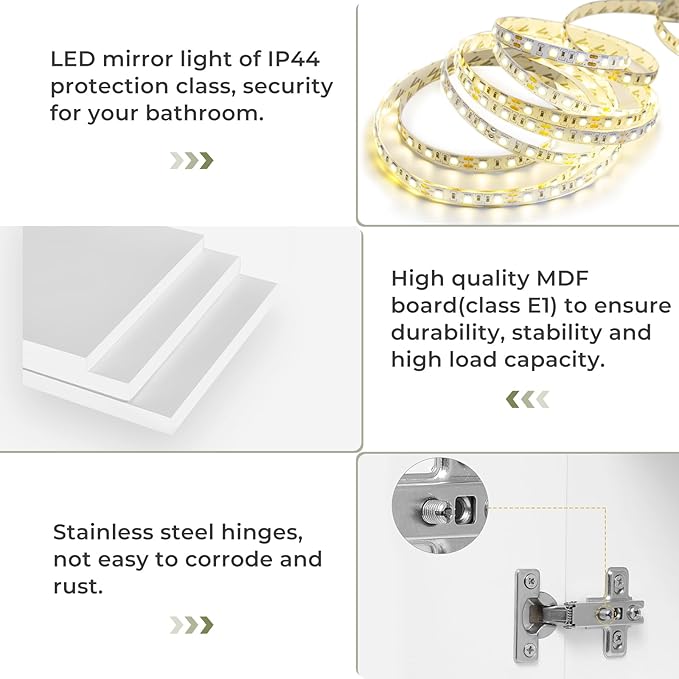 DICTAC Bathroom Medicine Cabinet with Mirrors and Led Lights 27.6x23.62 inch Double Doors Wall Mounted Mirror Cabinet with St