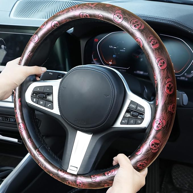 Embossed Skull Steering Wheel Cover, Skull Car Accessory, Microfiber Leather with Anti-Slip Lining, Fits 14.5"-15" Steering Wheels (Red Black)