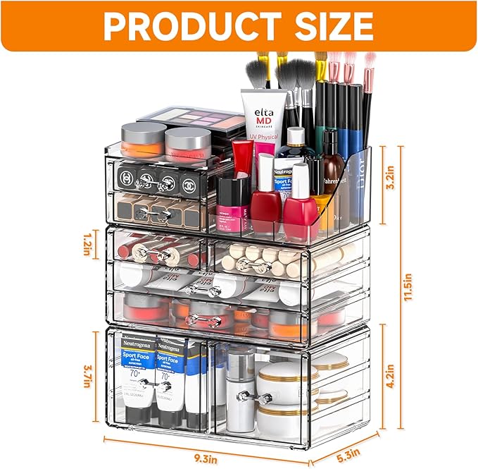 Cq acrylic 3 Pack Clear Makeup Organizer Countertop,Stackable 8 Drawers Skin Care Organizer,Cute Make Up Organizers for Vanit
