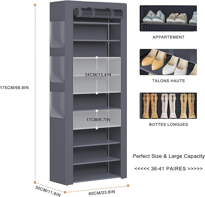 OYREL Shoes Rack 10 Tier Tall Shoe Rack with Storage Pockets, Fabric Covered Shoe Racks,Metal Shoes Rack Organizer for Closet