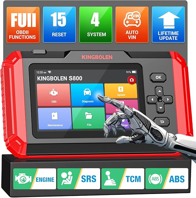 KINGBOLEN OBD2 Scanner S800 Car Scanner, OBD2 Diagnostic Scan Tool with 15 Reset, Oil Brake Throttle Service, Engine ABS SRS