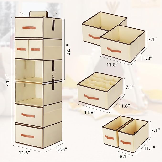 Hanging Closet Organizer 6-Shelf, Upgrade Hanging Shelves for Closet with 5 Removable Drawers & Side Pockets, Hanging Shelf O